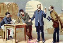 Louis Pasteur avec des collaborateurs dans une cave à vins où il donne des explications sur la fermentation, la conservation et le rôle de l’oxygène de l’air sur les vins.