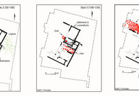 Plan figurant les différentes phases des vestiges retrouvés à Mont Ferrier (Tourbes, 34) et la localisation des espaces de production et de stockage.