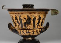 Cratère-rafraîchissoir à figures noires, représentant Dionysos et son thiase, céramique attribuée à l'atelier du peintre d'Antiménès, Grèce, vers 520-510 av. notre ère. Ce vase est accompagné d'une louche en bronze.   Musée du Louvre, Paris. 