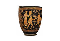 Vase à  figures rouges, dit « situle de Rothschild », représentant une scène  dionysiaque, attribuée au Peintre de Dublin, 360-350 av. notre ère, provenant  d'Apulie (Grande Grèce). Musée d'Art et d'Histoire, Genève. 