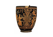 Vase à figures rouges, dit « situle de Rothschild », représentant une scène dionysiaque, attribuée au Peintre de Dublin, 360-350 av. notre ère, provenant d'Apulie (Grande Grèce).   Musée d'Art et d'Histoire, Genève. 