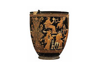Vase à figures rouges, dit « situle de Rothschild », représentant une scène dionysiaque, attribuée au Peintre de Dublin, 360-350 av. notre ère, provenant d'Apulie (Grande Grèce).   Musée d'Art et d'Histoire, Genève. 