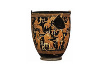 Vase à figures rouges, dit « situle de Rothschild », représentant une scène dionysiaque, attribuée au Peintre de Dublin, 360-350 av. notre ère, provenant d'Apulie (Grande Grèce).   Musée d'Art et d'Histoire, Genève. 