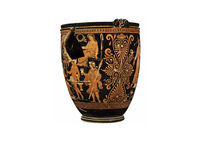 Vase à figures rouges, dit « situle de Rothschild », représentant une scène dionysiaque, attribuée au Peintre de Dublin, 360-350 av. notre ère, provenant d'Apulie (Grande Grèce).   Musée d'Art et d'Histoire, Genève. 