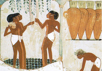 Foulage du raisin dans une cuve monolithe, tombe de Nakht, vallée des Nobles, Thèbes (Égypte), vers 1567-1320 av. notre ère.