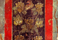 Rinceau de vigne et oiseau, détail de la peinture de la Maison de la paroi du globe (Saint-Just), Vienne.  Musée gallo-romain de Saint-Romain-en-Gal, Vienne.