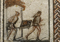 Le transport de fumier, détail de la mosaïque du calendrier agricole, provenant de Saint-Romain-en Gal (Rhône), début du IIIe siècle de notre ère.