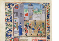 Travail de la vigne, dans Le Rustican ou Livre des profits champêtres et ruraux, de Pierre de Crescens, Bruges, vers 1470, collection d'Antoine bâtard de Bourgogne, fils de Philippe Le Bon, Arsenal Ms 5064, folio 68v.Bibliothèque de l'Arsenal, Paris.
