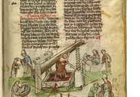 Représentation de l'allégorie du Pressoir mystique dans le Spiegel des Lindens Christi, XVe siècle, Ms 306, folio 1.Bibliothèque de la Ville de Colmar.