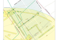Plan général des vestiges retrouvés sur le site d'Orle-Ouest, faisant apparaître, en vert, les fosses de plantation et la trame restituée.