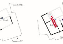 Plan des deux états constatés de l'établissement du Renaussas à Valros (Hérault) montrant la localisation des espaces de production et de stockage.